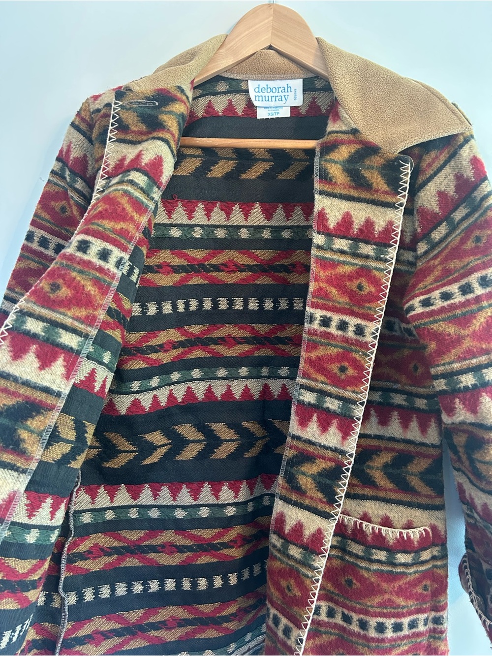 Vintage Southwestern Aztec Deborah Murray Red & Tan Patterned Wool Jacket - Picture 3 of 7